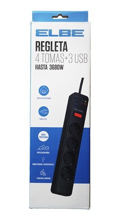 Elbe Regleta RE-002-UN con 4 Tomas AC y 3 USB, 3680W, Cable de 1.8 Metros