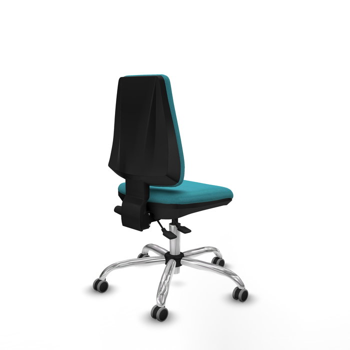Silla de oficina Elche con mecanismo Asincro tapizada con Tela color Turquesa. Equipada con Base cromada, Sin brazos y Ruedas 65 mm parqué