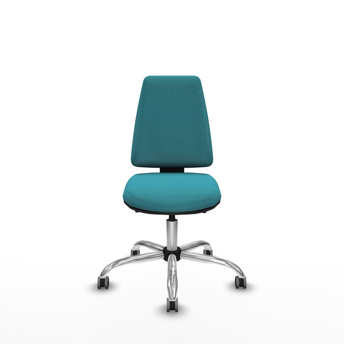 Silla de oficina Elche con mecanismo Asincro tapizada con Tela color Turquesa. Equipada con Base cromada, Sin brazos y Ruedas 65 mm parqué