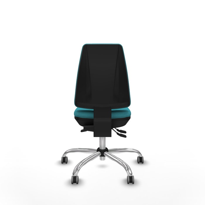 Silla de oficina Elche con mecanismo Asincro tapizada con Tela color Turquesa. Equipada con Base cromada, Sin brazos y Ruedas 65 mm parqué