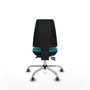 Silla de oficina Elche con mecanismo Asincro tapizada con Tela color Turquesa. Equipada con Base cromada, Sin brazos y Ruedas 65 mm parqué