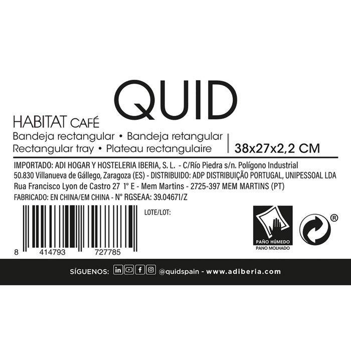 Bandeja con Asas Polipropileno Habitat Quid 38x27x2,2 cm (36 Unidades)