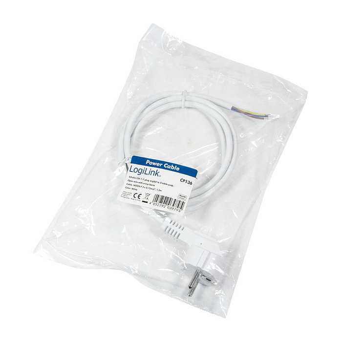 LogiLink Cable de alimentación CEE 7/7 (90°) a extremo abierto, 1,5 m, blanco