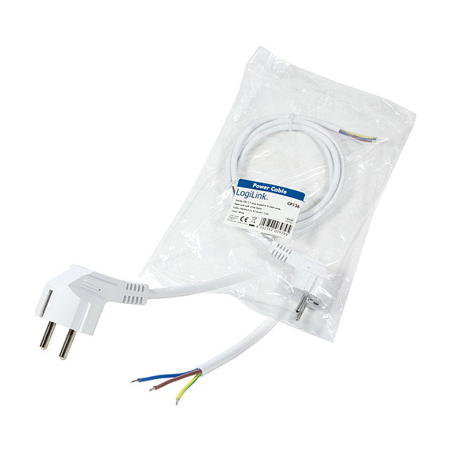 LogiLink Cable de alimentación CEE 7/7 (90°) a extremo abierto, 1,5 m, blanco