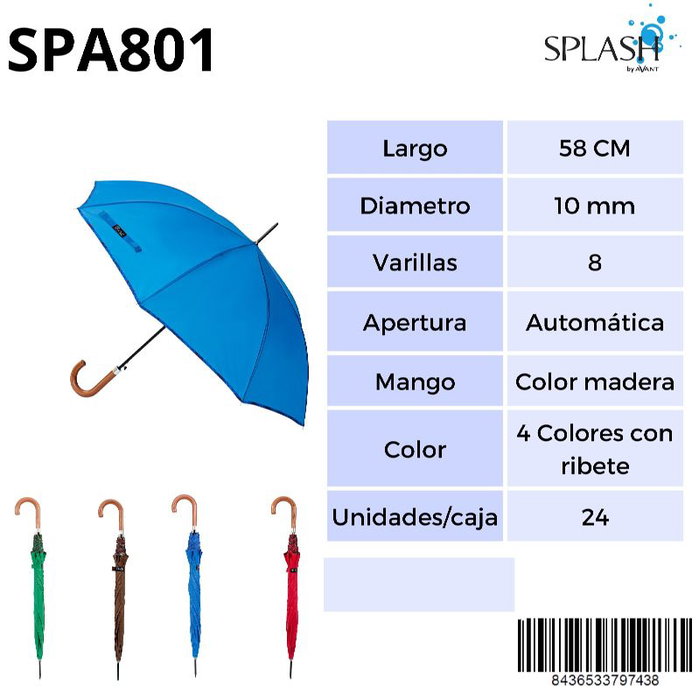 SPLASH BY AVANT Paraguas Splash señora largo liso colores y cuadros SPLASH BY AVANT Paraguas Splash señora largo liso colores y cuadros