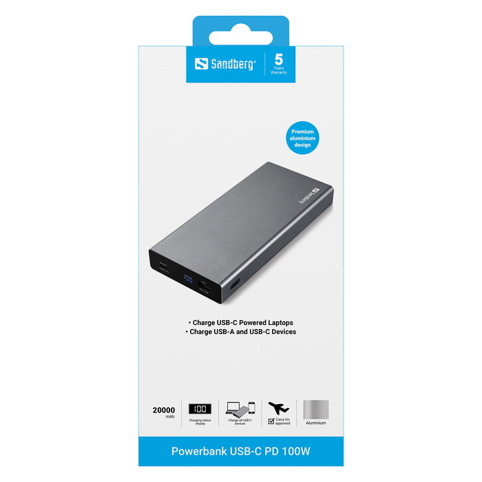 SANDBERG Powerbank 20000 mAh, Carga Rápida USB-C PD 100W con Quick Charge 3.0, Pantalla LED, Aluminio, Color Gris