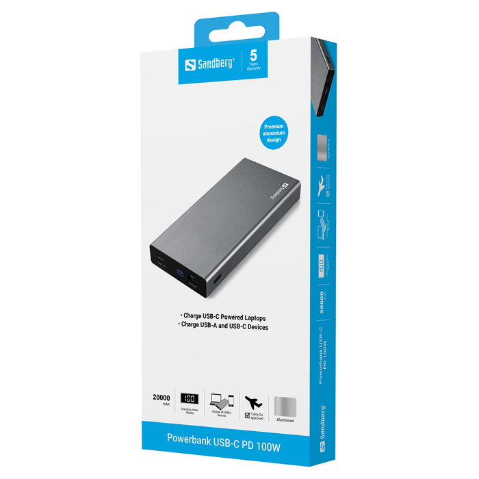 SANDBERG Powerbank 20000 mAh, Carga Rápida USB-C PD 100W con Quick Charge 3.0, Pantalla LED, Aluminio, Color Gris