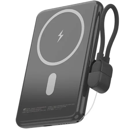 Leotec Powerbank 5000mAh 20W Carga Inalámbrica Negra con Cable USB-C