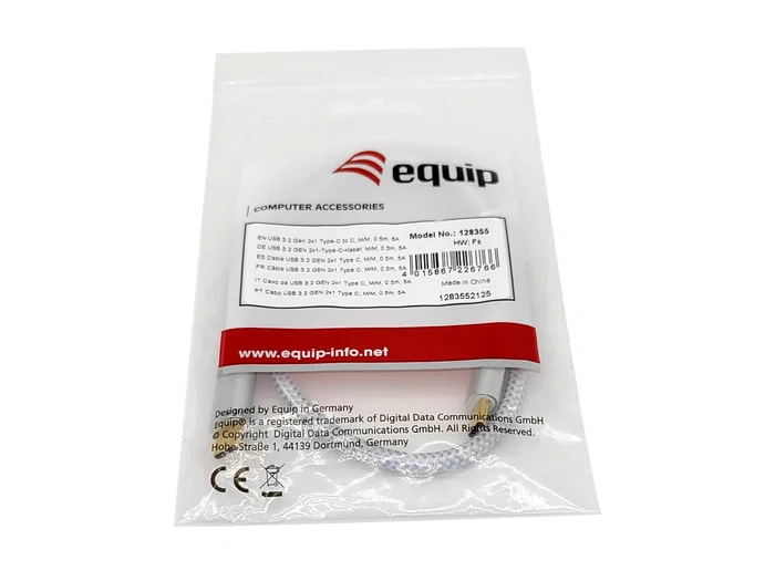 Equip Cable USB-C a USB-C 3.2 Gen 2 (10 Gbps) PD 100W E-Mark, Malla Trenzada 0.5m Plata y Blanco - Ref: 128355