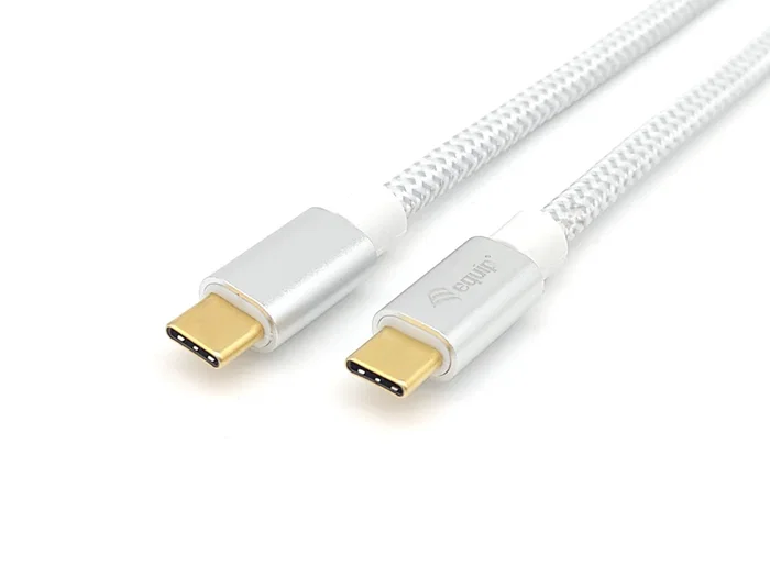 Equip Cable USB-C a USB-C 3.2 Gen 2 (10 Gbps) PD 100W E-Mark, Malla Trenzada 0.5m Plata y Blanco - Ref: 128355