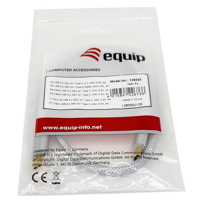 EQUIP 128355 Cable USB-C 3.2 a USB-C Macho Macho 0.5m 10Gbps 100W 5A 4K/60Hz Blanco