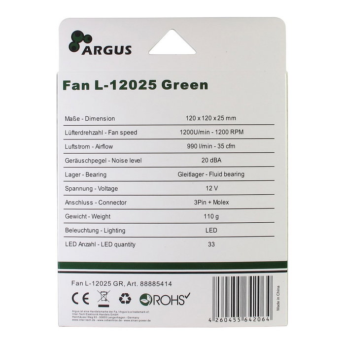 Inter-Tech ARGUS L-12025 GR Ventilador Verde 120x120x25 mm