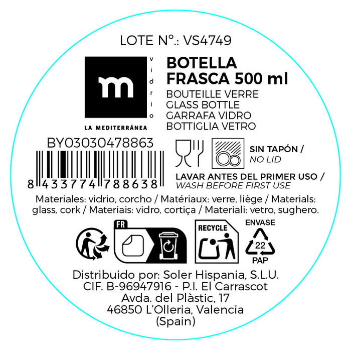 Inde Botella Frasca Boca Ancha Pintada 500 ml (16 Unidades)