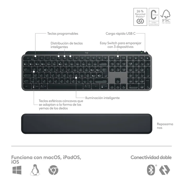 Logitech MX Keys S Combo con Ratón MX Master 3S, Grafito, Español