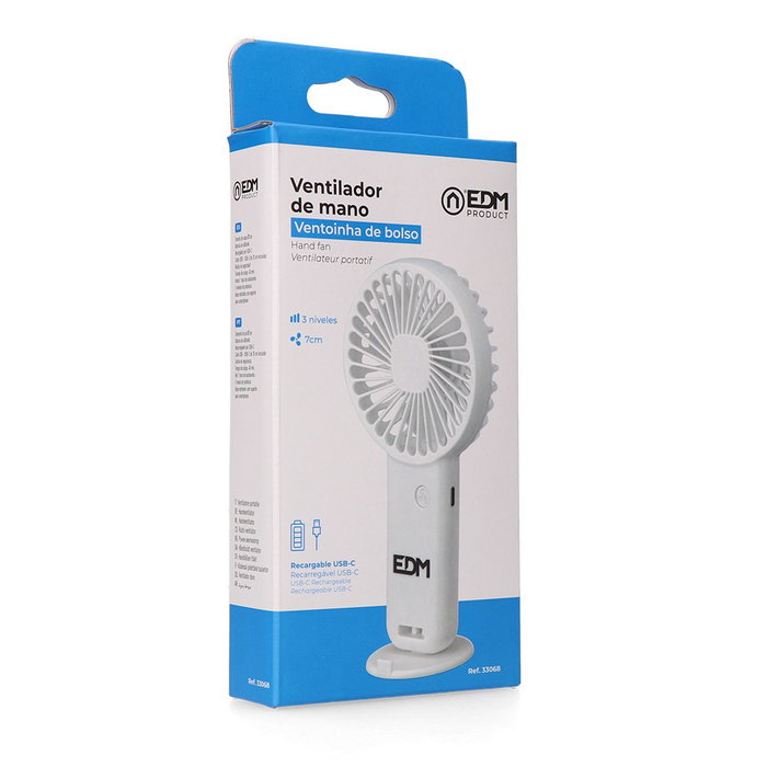 Edm Ventilador de Mano Recargable USB-C con Base Extraíble y Soporte para Smartphone, 3 Velocidades, 1h Autonomía, 400 mAh, Expositor de 25 uds