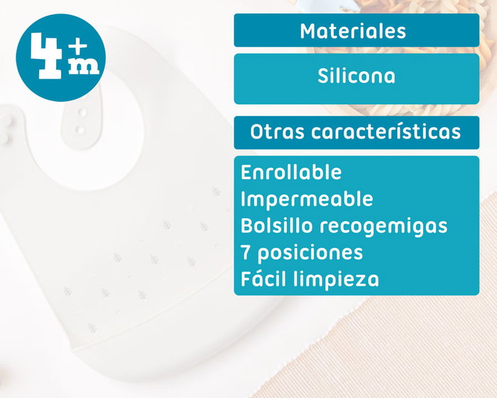 KioKids Babero Silicona Gris Impermeable Ajustable con Bolsillo Recogemigas +4 Meses