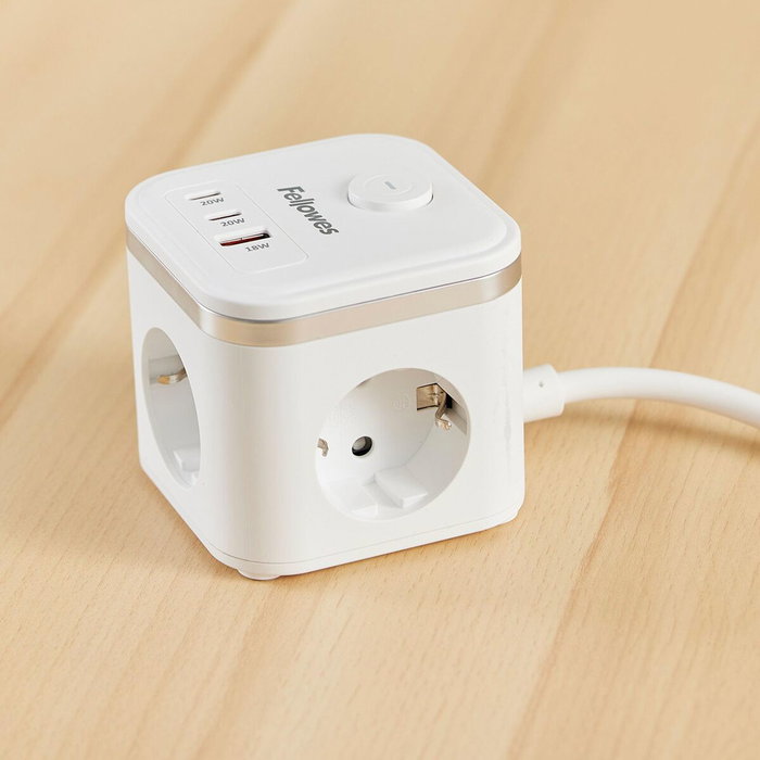 Fellowes Regleta Cubo con 3 Tomas de Corriente, 1 USB-A, 2 USB-C y Cable de 2 m, Negra