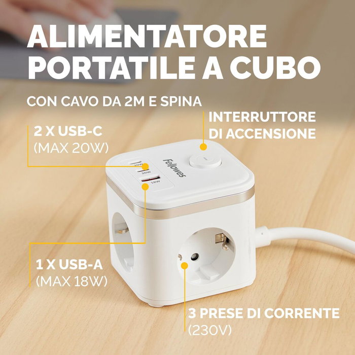Fellowes Regleta Cubo con 3 Tomas de Corriente, 1 USB-A, 2 USB-C y Cable de 2 m, Negra