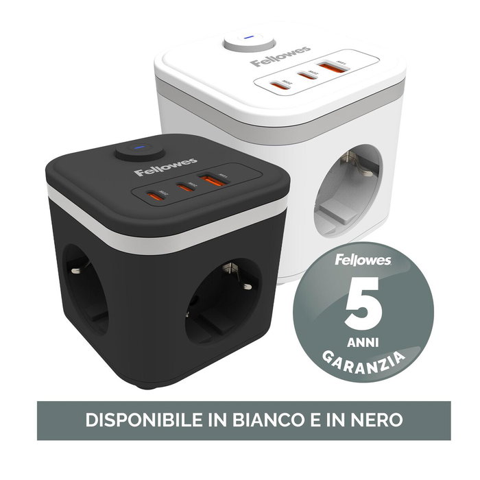 Fellowes Regleta Cubo con 3 Tomas de Corriente, 1 USB-A, 2 USB-C y Cable de 2 m, Negra