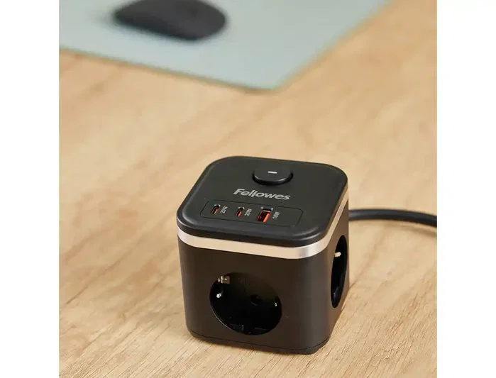 Fellowes Regleta Cubo con 3 Tomas de Corriente, 1 USB-A, 2 USB-C y Cable de 2 m, Negra