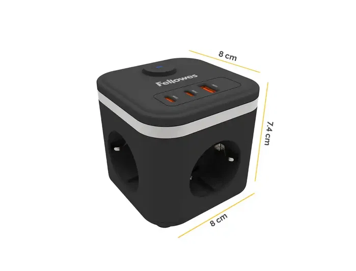Fellowes Regleta Cubo con 3 Tomas de Corriente, 1 USB-A, 2 USB-C y Cable de 2 m, Negra