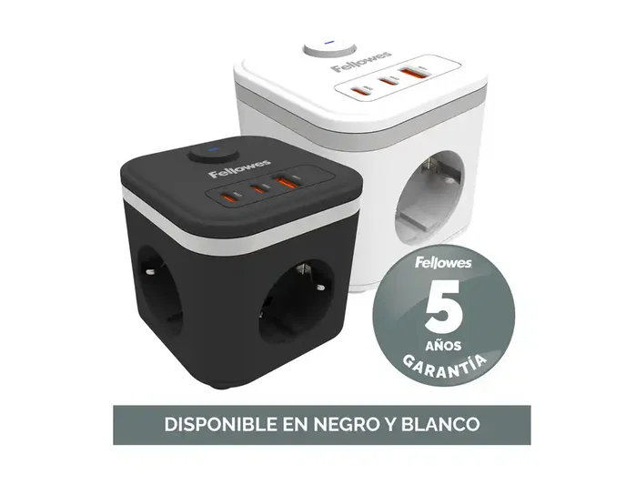 Fellowes Regleta Cubo con 3 Tomas de Corriente, 1 USB-A, 2 USB-C y Cable de 2 m, Negra