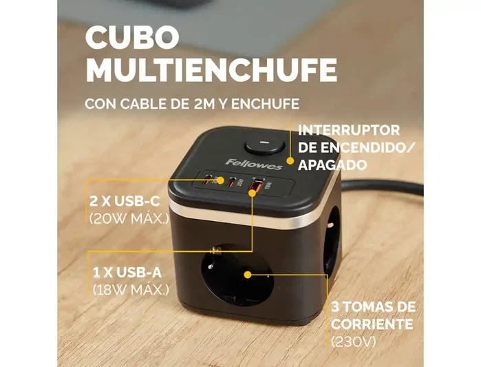 Fellowes Regleta Cubo con 3 Tomas de Corriente, 1 USB-A, 2 USB-C y Cable de 2 m, Negra