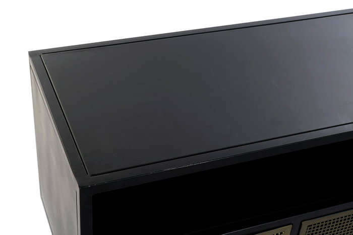 DKD Home Decor Mueble TV Vintage Rejilla negro Metal Negro Dorado 3 Cajones 125x41x62 cm