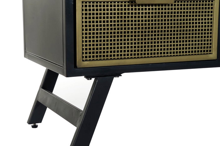 DKD Home Decor Mueble TV Vintage Rejilla negro Metal Negro Dorado 3 Cajones 125x41x62 cm