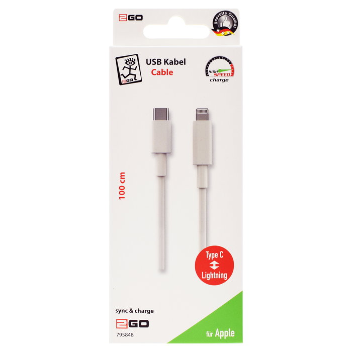 2GO 795848 Cable USB Datos USB-C a Lightning 1m Blanco, USB 3.2 Gen 1 (3.1 Gen 1), Conectores Macho