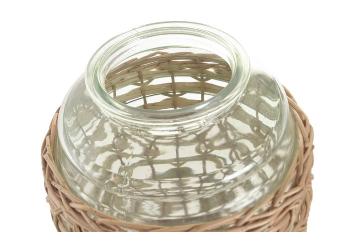 DKD Home Decor Jarrón de Cristal y Mimbre Natural Verde y Marrón 31x31x43 cm