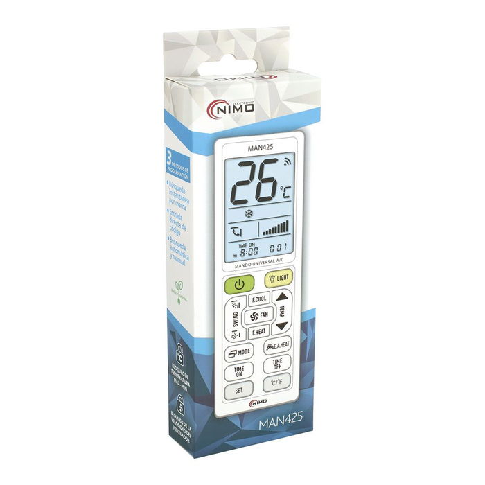 Nimo Mando Universal Aire Acondicionado 5000 Códigos Compatible Todas Marcas Temporizador Termómetro Linterna Pantalla Iluminada Búsqueda Automática y Manual