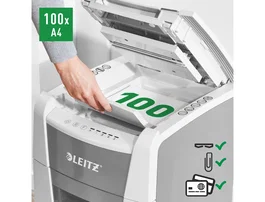 Leitz IQ Auto+ 100 Destructora Automática de Documentos, Capacidad 100 Hojas, Corte Partículas P4, Ideal Pequeña Oficina