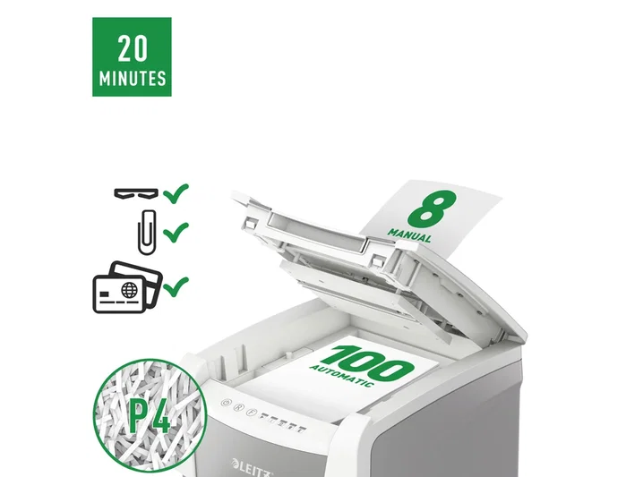 Leitz IQ Auto+ 100 Destructora Automática de Documentos, Capacidad 100 Hojas, Corte Partículas P4, Ideal Pequeña Oficina