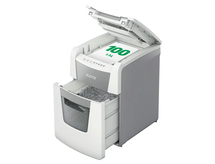 Leitz IQ Auto+ 100 Destructora Automática de Documentos, Capacidad 100 Hojas, Corte Partículas P4, Ideal Pequeña Oficina