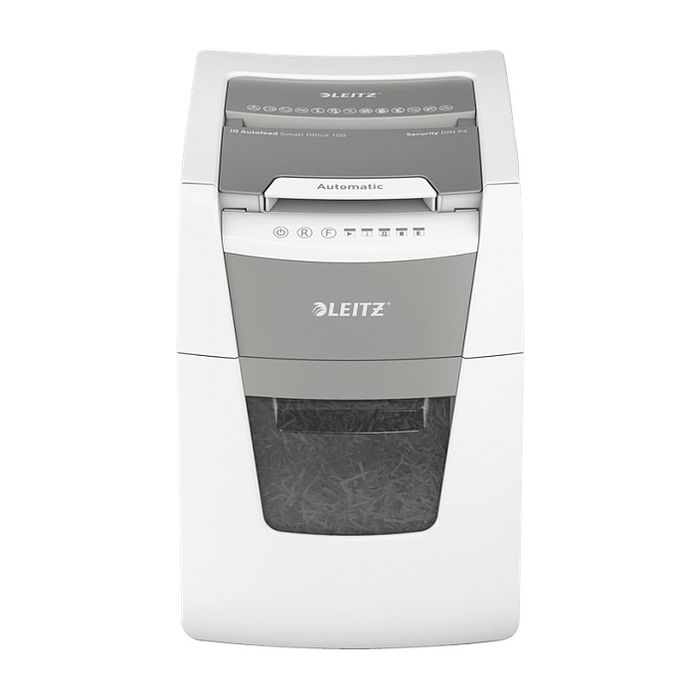Leitz IQ Autofeed Small Office 100 Trituradora de Papel 80110000, Corte Cruzado 4 x 30 mm, 250 Hojas, 34 L, 55 dB, P-4, Blanco y Gris