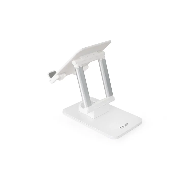 TooQ Soporte Hermes Plegable Ajustable y Giratorio 360° para Móvil o Tablet de hasta 12.9 Pulgadas, con Almohadillas Antideslizantes, para Escritorio - Color Blanco