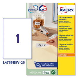 Etiquetas Adh.Impr.Avery A4 Blanca C.Rectos Removible Caja 25H 210X297 Mm 25 Uds.(L4735Rev)