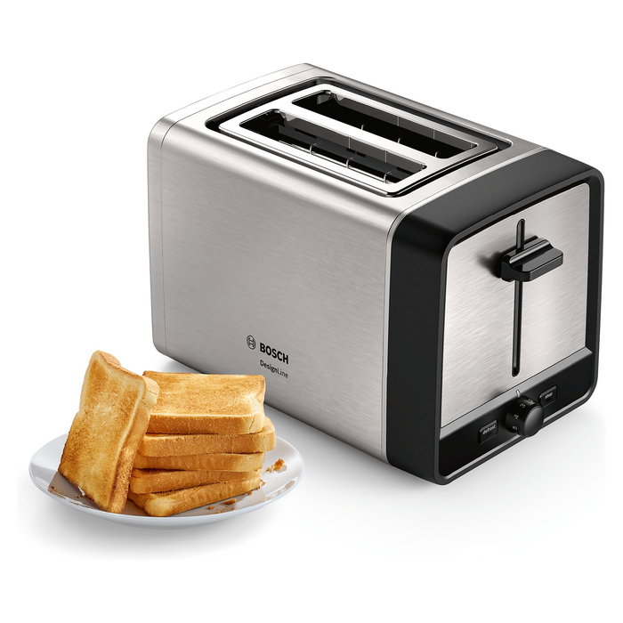 Bosch TAT5P420 Tostadora DesignLine, Acero Inoxidable, 2 Rebanadas, 970W, Función Descongelar y Recalentar, Negro