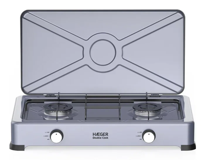 Haeger GC-02E.022A Encimera de Gas 60 cm, 2 Quemadores, Superficie Esmaltada de Fácil Limpieza, Color Gris