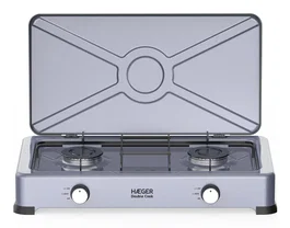 Haeger GC-02E.022A Encimera de Gas 60 cm, 2 Quemadores, Superficie Esmaltada de Fácil Limpieza, Color Gris