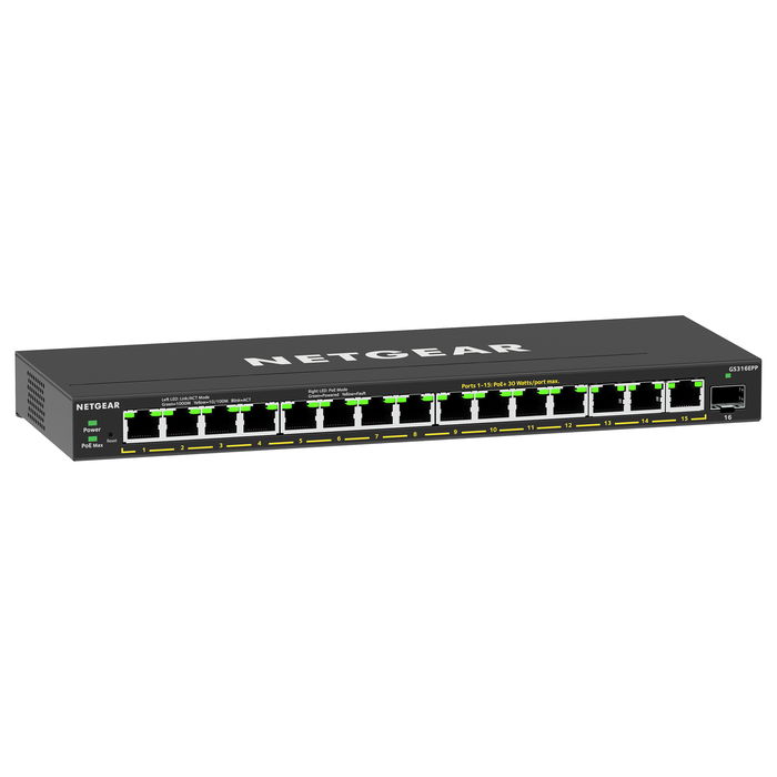 NETGEAR GS316EPP-100PES Switch PoE+ Gigabit con 16 Puertos RJ45, 1 Puerto SFP y 231W de Potencia Total