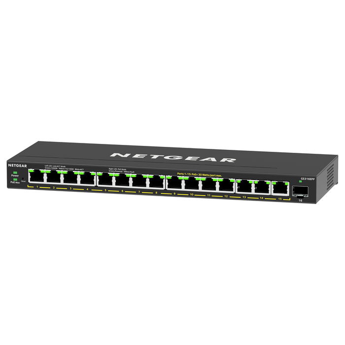 NETGEAR GS316EPP-100PES Switch PoE+ Gigabit con 16 Puertos RJ45, 1 Puerto SFP y 231W de Potencia Total