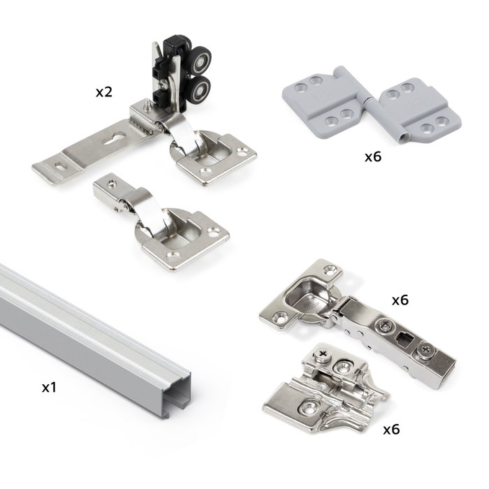 Emuca Kit de herrajes para armario de 2 puertas correderas plegables y cierre suave Twofold, para 4 tableros no incluidos, Sin guiador, Anodizado mate