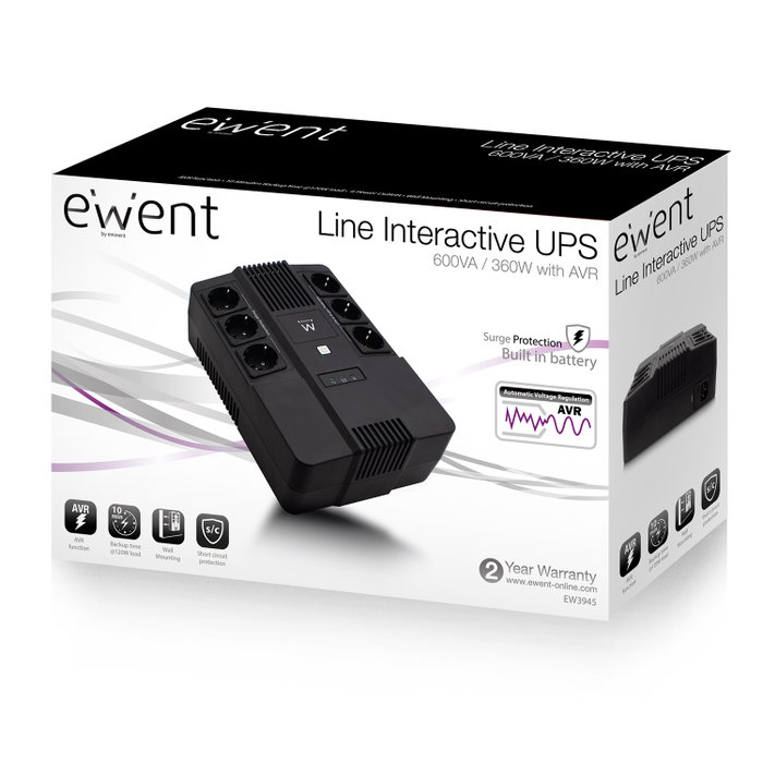 Ewent EW3945 SAI Línea Interactiva 600 VA 360 W con 6 Salidas AC