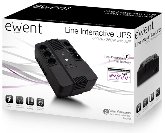Ewent EW3945 SAI Línea Interactiva 600 VA 360 W con 6 Salidas AC