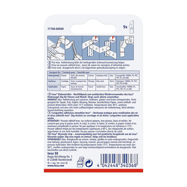 Tesa Cinta adhesiva para azulejos y metal hasta 2 kg, 9 unidades