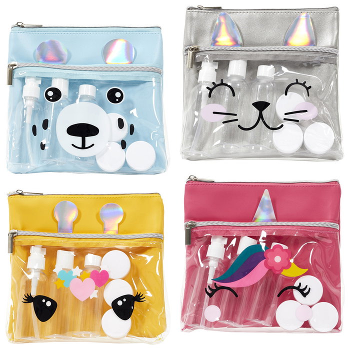 Tom et Zoe Kit Viaje Neceser Animal - Modelos Surtidos (Gato, Oso, Unicornio, Jirafa) con 3 Botellas y 3 Botes - Ideal Avión Cabina