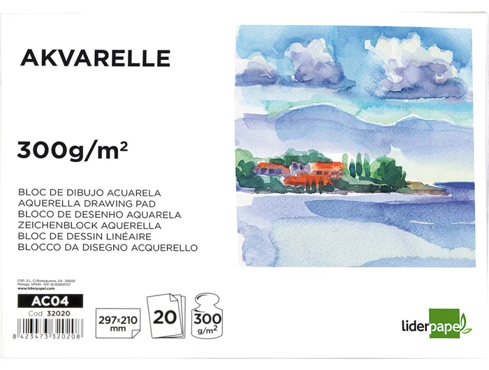 Liderpapel Bloc Dibujo Acuarela Encolado 210x297mm 20 Hojas 300g/m2 Sin Recuadro