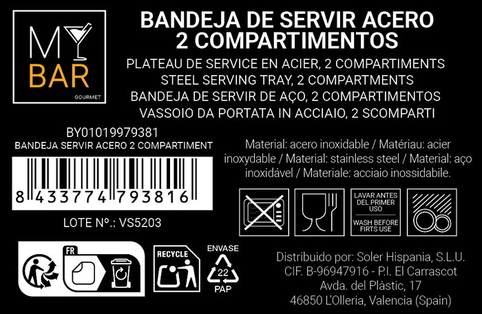 Inde Bandeja de Servir Acero 2 Compartimentos My Bar, Dimensiones: 15.6 cm de Largo, 8.5 cm de Ancho, 2.6 cm de Alto (24 Unidades)